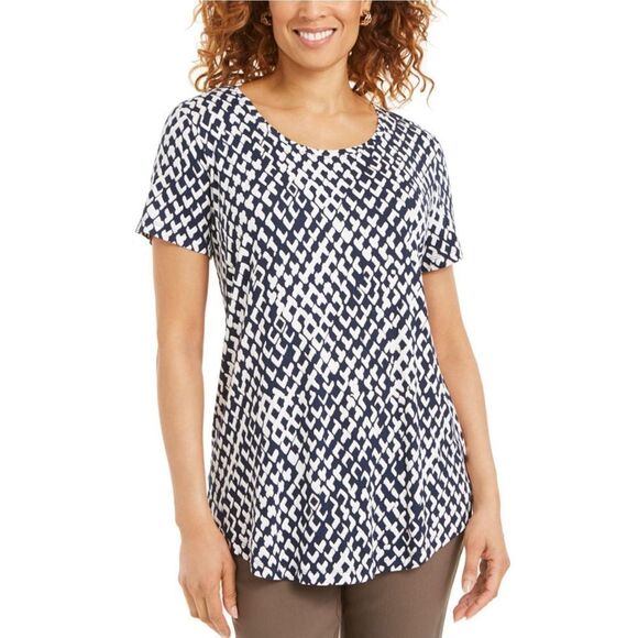 JM Collection Petite Printed Scoop-Neck Top Bright White Combo PM - Picture 1 of 2